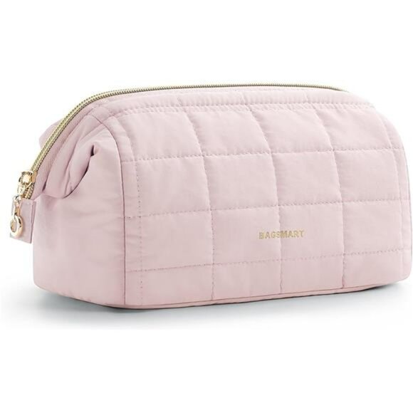 Pink Padded Makeup Bag Travel Toiletry Organizer Case with Brush Holder Pouch - Picture 1 of 7